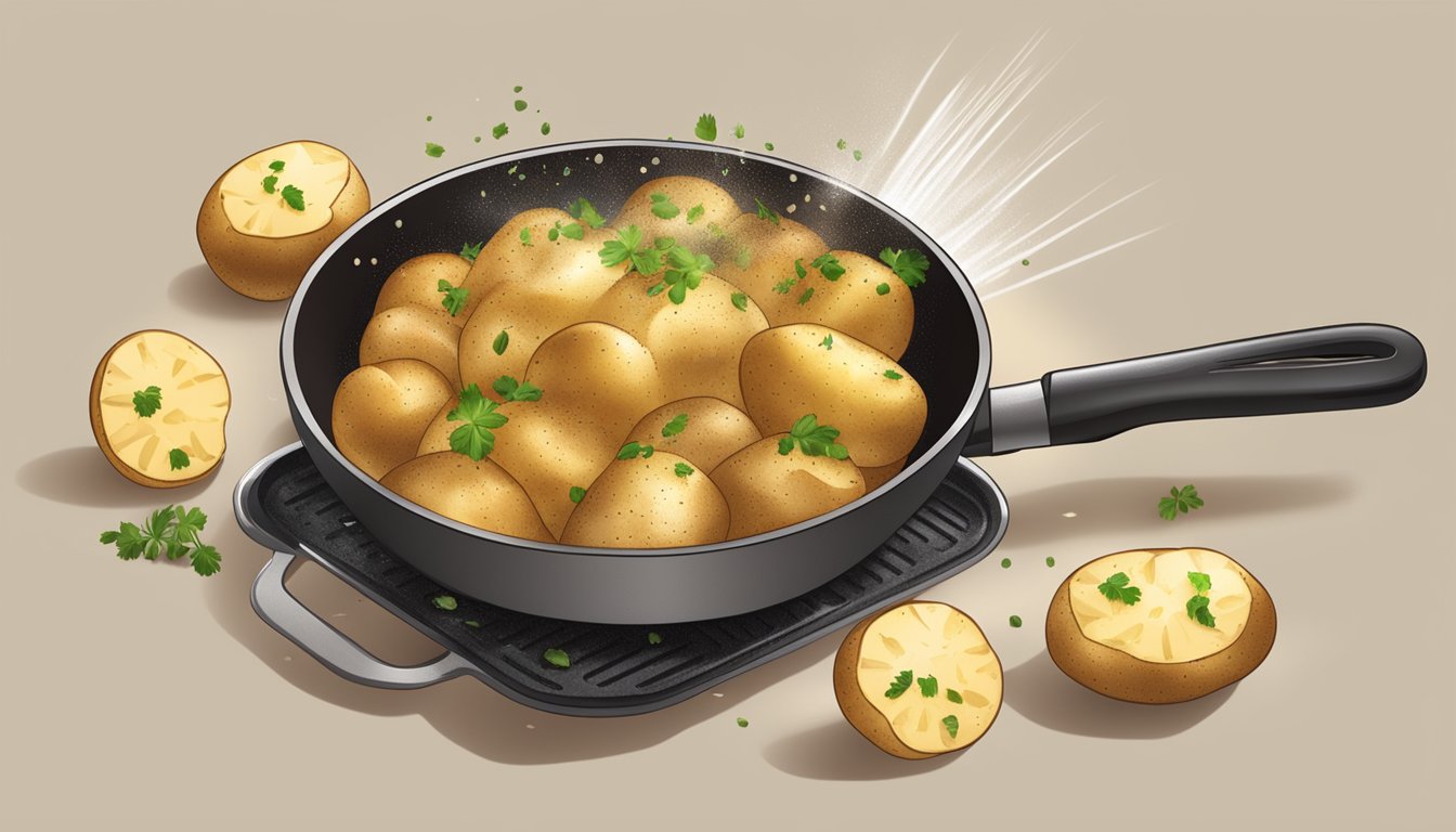 Potatoes being sprinkled with seasoning in a sizzling pan