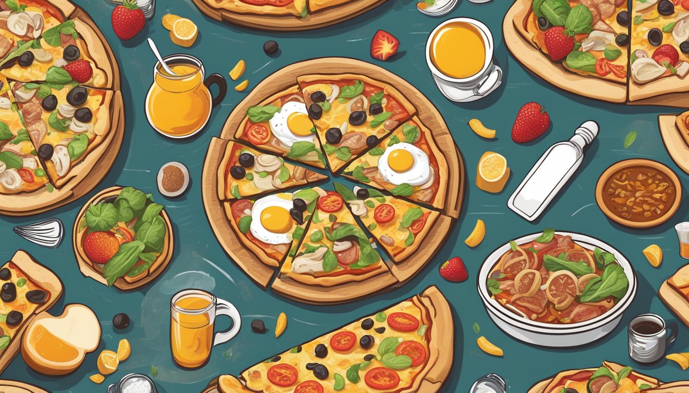 A sizzling breakfast pizza surrounded by competing restaurant logos, with a mix of savory and sweet toppings, sparking debate among diners