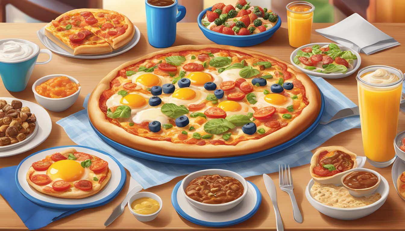 A sizzling breakfast pizza surrounded by a variety of toppings and condiments on a vibrant IHOP restaurant table