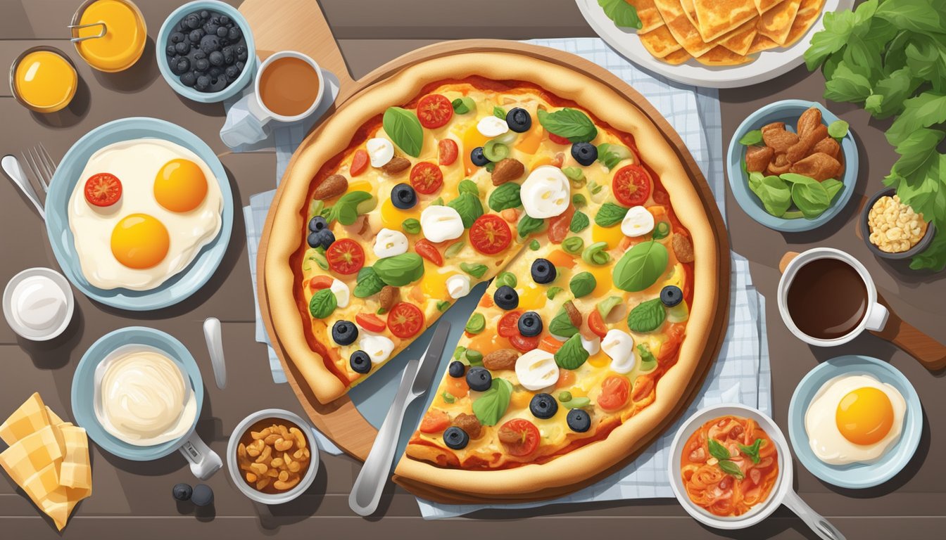 A sizzling breakfast pizza surrounded by a mix of traditional breakfast ingredients and a variety of toppings, placed on a vibrant, modern tabletop