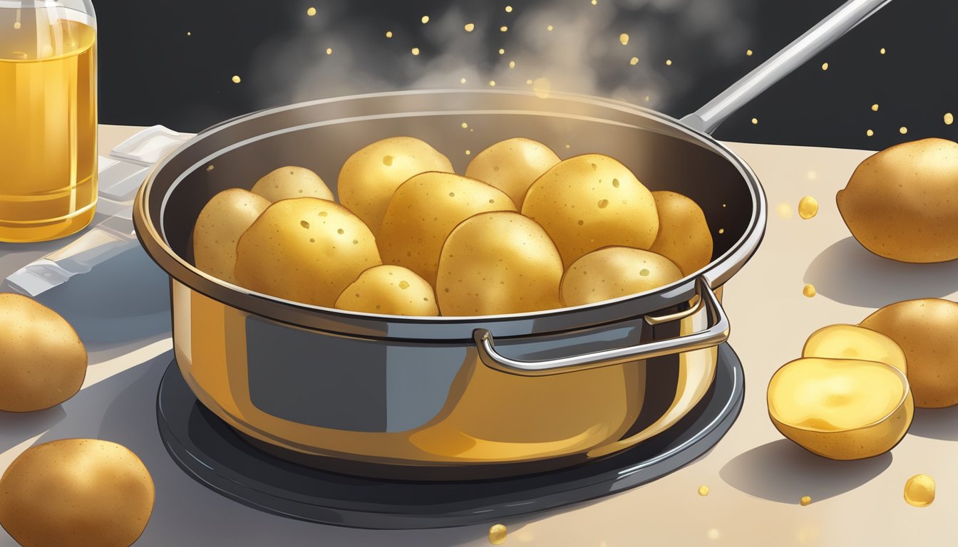 Golden potatoes frying in bubbling oil, emitting a tantalizing aroma. A container of fats sits nearby, ready to be added for extra crispiness