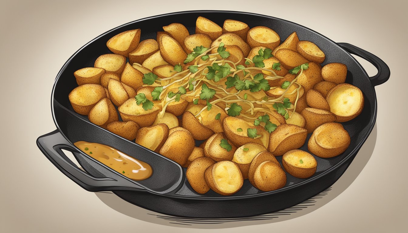 A sizzling skillet of golden, crispy potatoes topped with savory seasonings and served alongside a variety of flavorful dipping sauces