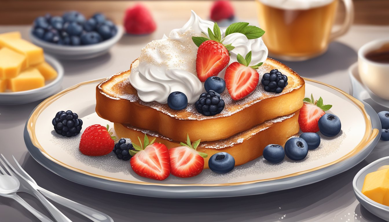 A stack of golden French toast topped with syrup and powdered sugar, surrounded by fresh berries and a side of whipped cream