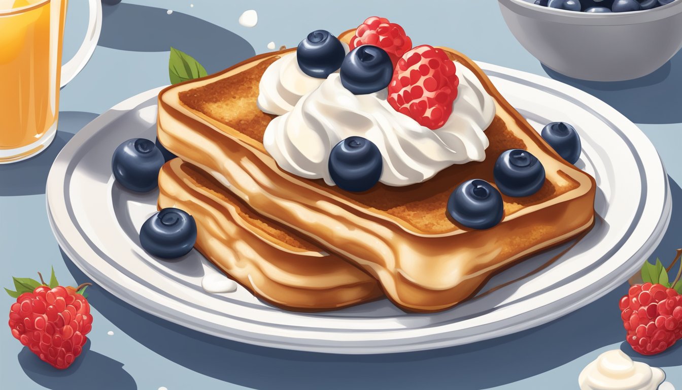 A plate of IHOP's French Toast surrounded by fresh berries, a dollop of whipped cream, and drizzled with maple syrup