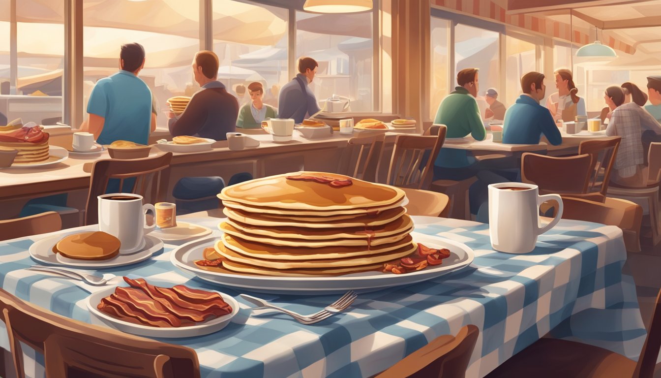 A bustling diner with a giant stack of pancakes, sizzling bacon, and steaming coffee on a checkered tablecloth