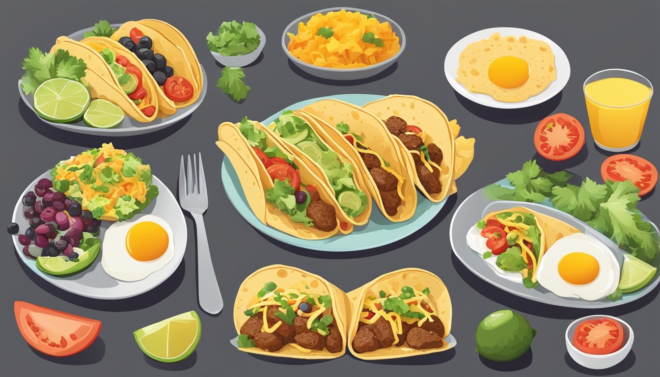 A table with a variety of breakfast tacos surrounded by colorful ingredients and nutritional information charts