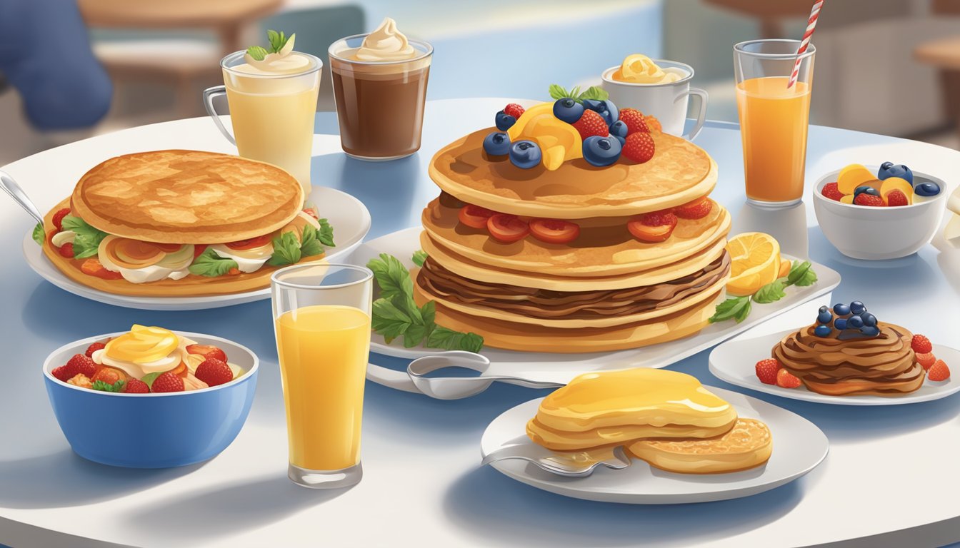 A table set with a variety of IHOP dishes, arranged with colorful garnishes and appealing presentation