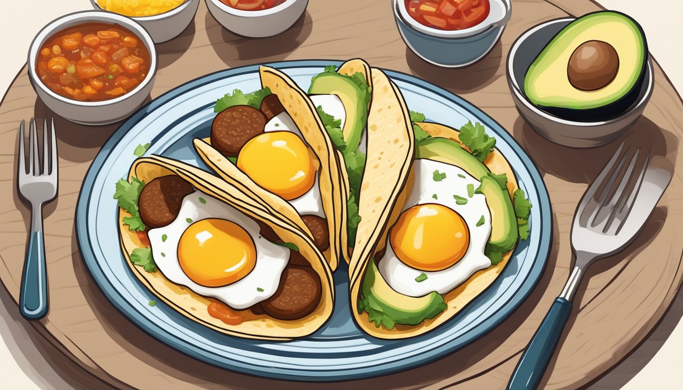 A colorful spread of breakfast taco ingredients: eggs, cheese, sausage, and tortillas, arranged on a plate with a side of salsa and avocado slices