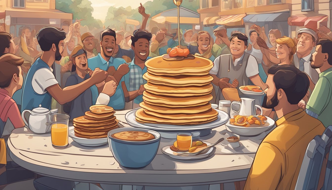 A table set with a towering stack of pancakes, syrup, and assorted breakfast items, surrounded by cheering onlookers