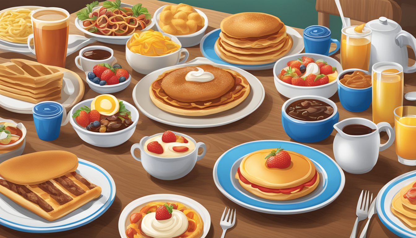 A table set with a variety of IHOP dishes, arranged with vibrant colors and appetizing presentation