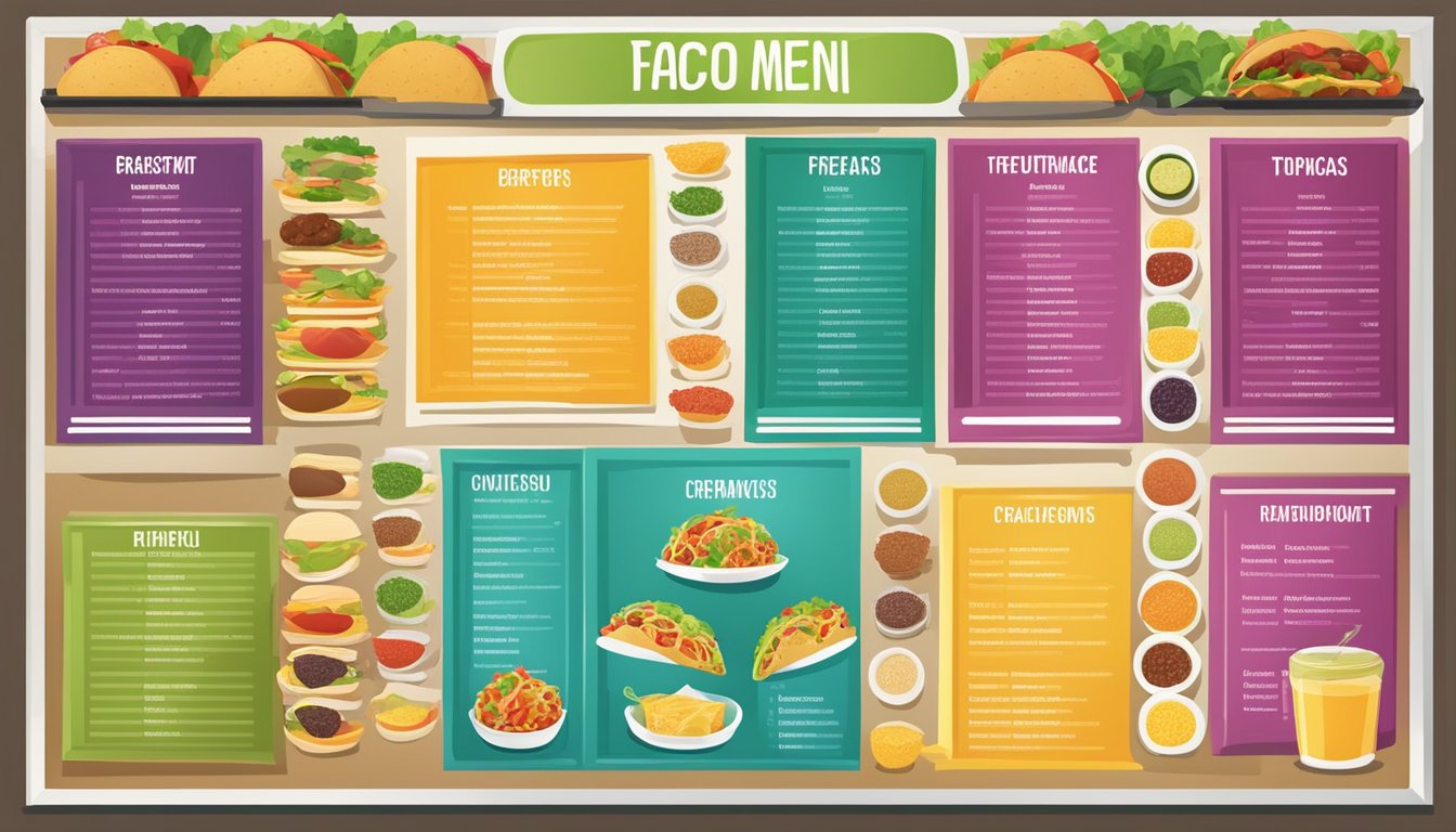 A colorful menu board with various breakfast taco options and corresponding nutritional information displayed