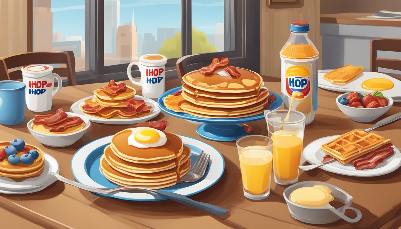 A colorful breakfast spread with pancakes, waffles, bacon, eggs, and syrup arranged on a table with the IHOP logo prominently displayed