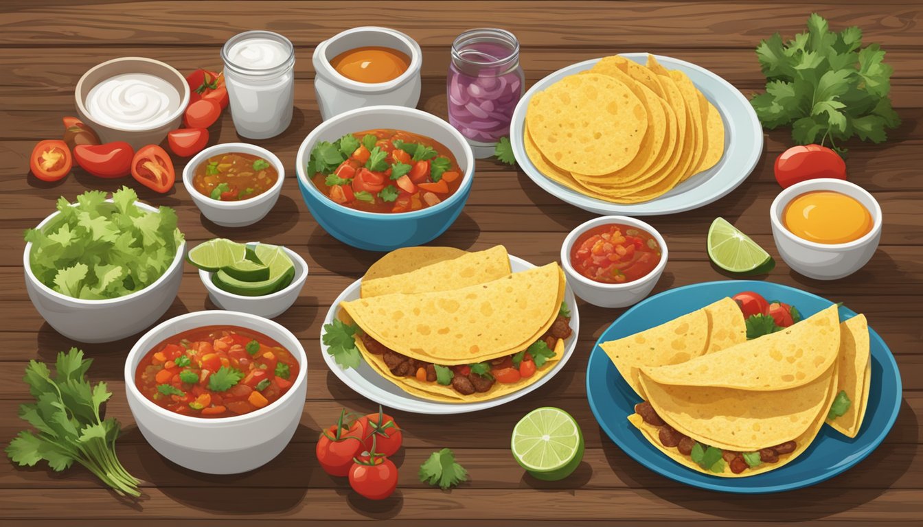 A colorful spread of breakfast tacos, salsa, and fresh ingredients on a rustic wooden table