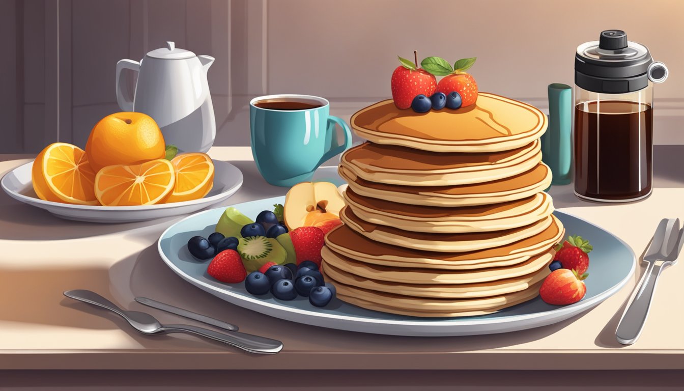 A table set with a stack of pancakes, syrup, and fruit, with a camera and lighting equipment positioned to capture the perfect shot