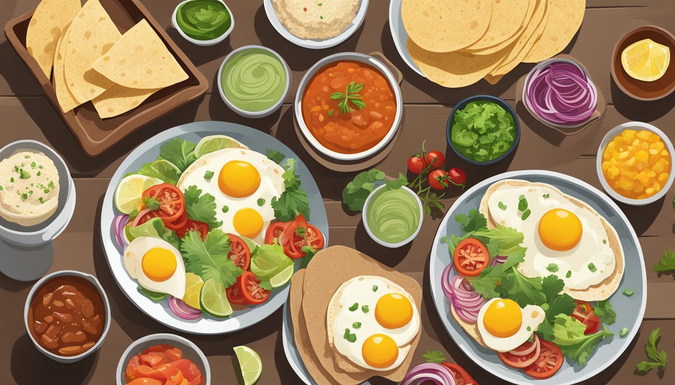 A colorful spread of fresh ingredients like eggs, vegetables, and lean meats arranged on a table, alongside a variety of whole grain tortillas and salsas