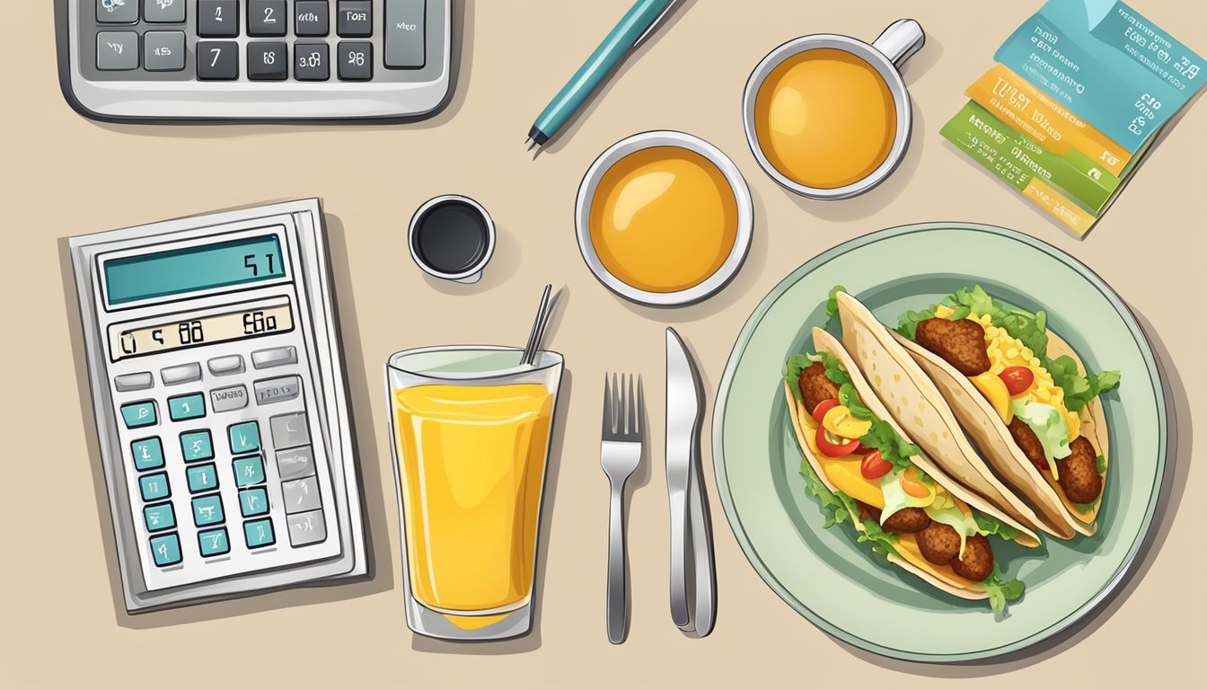 A table with breakfast tacos, nutritional labels, and a calculator