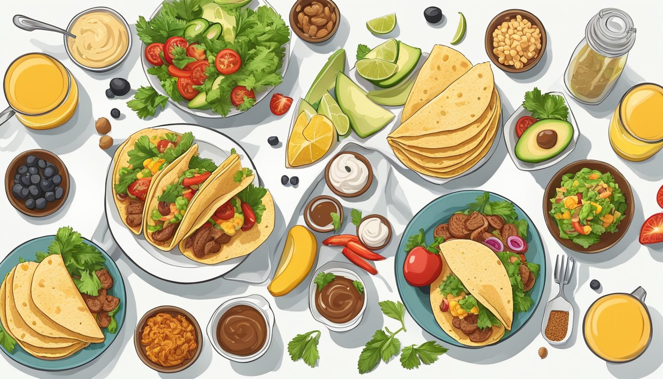 A table set with a variety of breakfast tacos, surrounded by fresh ingredients and a nutritional analysis chart