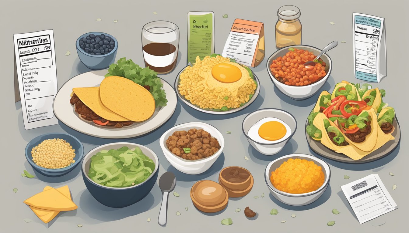 A table with various breakfast taco ingredients laid out, surrounded by nutrition labels and a calculator