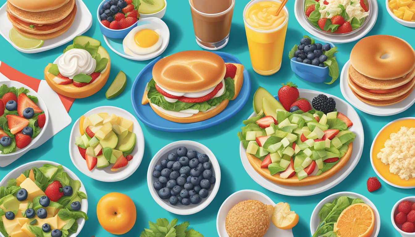 A colorful array of IHOP's healthier menu options, including fresh fruits, salads, and lean protein dishes, displayed on a vibrant menu board