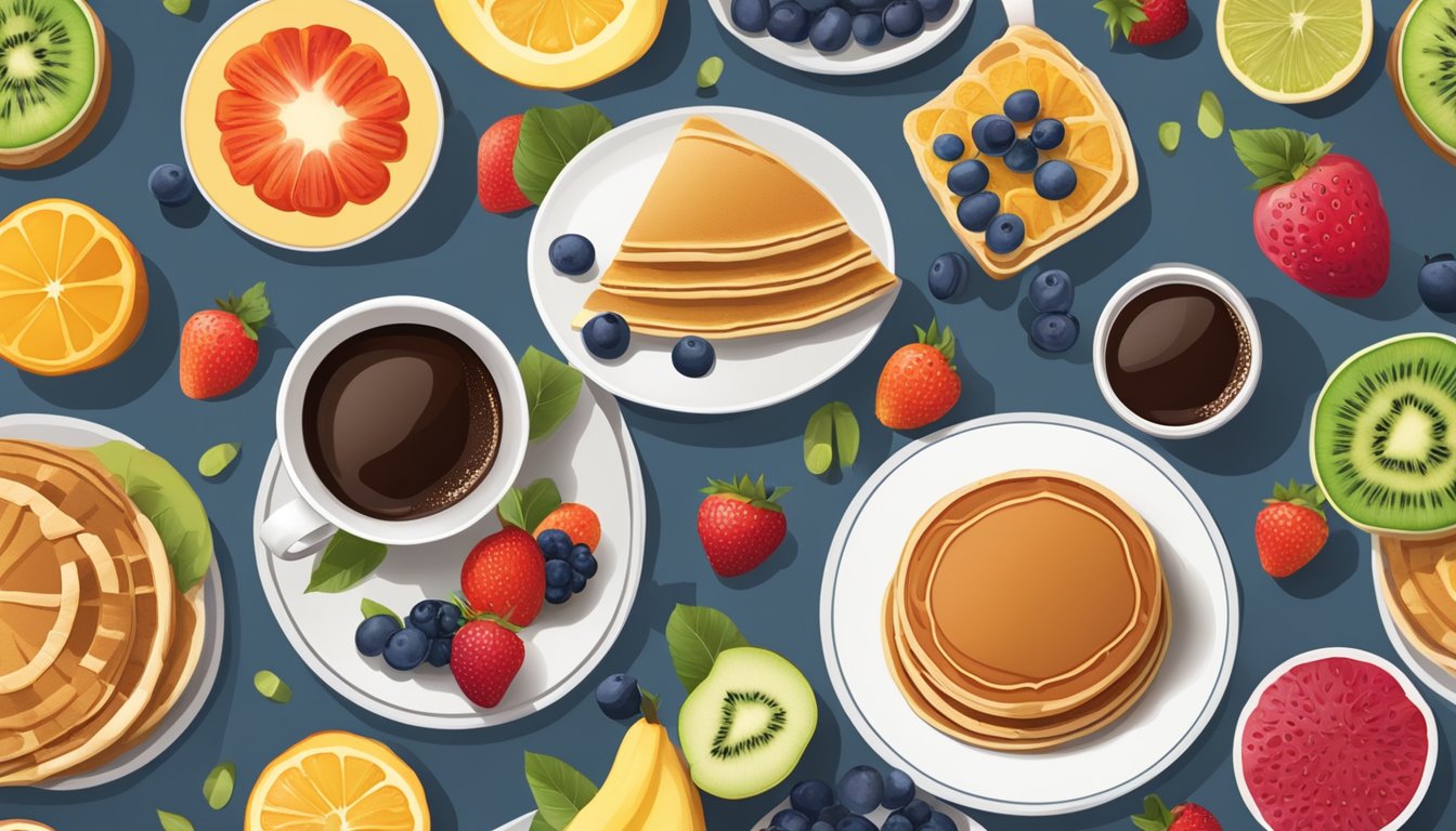 A table set with a colorful array of fresh fruits, whole grain pancakes, and a steaming cup of coffee