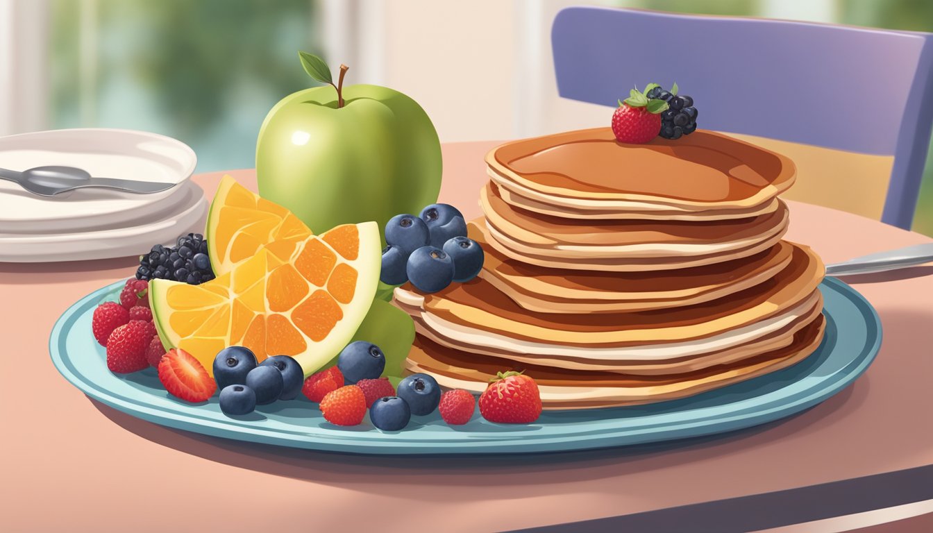 A colorful plate with a variety of fresh fruits, whole grain pancakes, and a side of lean turkey bacon on a modern table setting