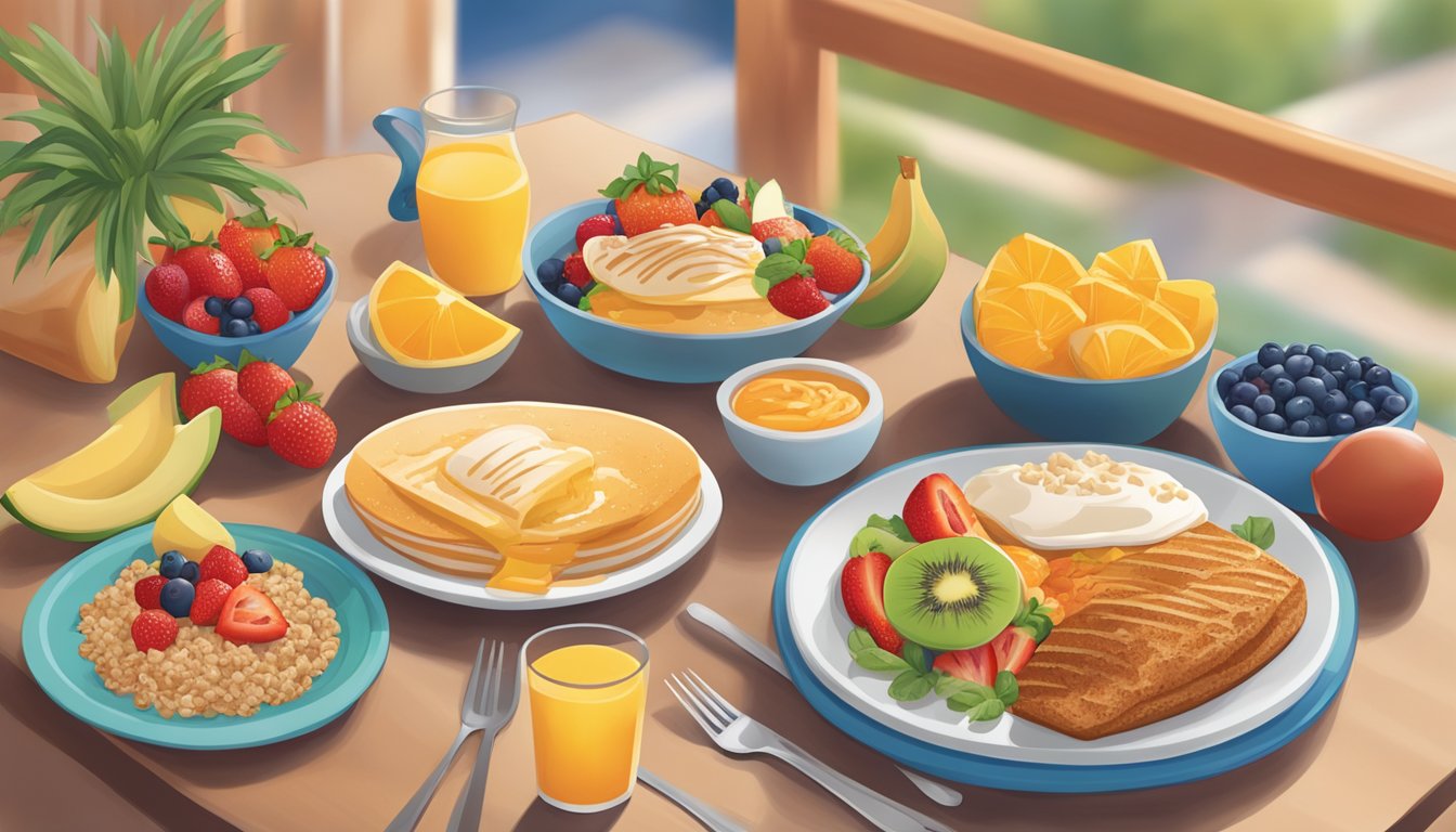 A colorful plate with a balanced meal from IHOP, featuring fresh fruits, whole grains, and lean proteins, surrounded by a warm and inviting dining atmosphere