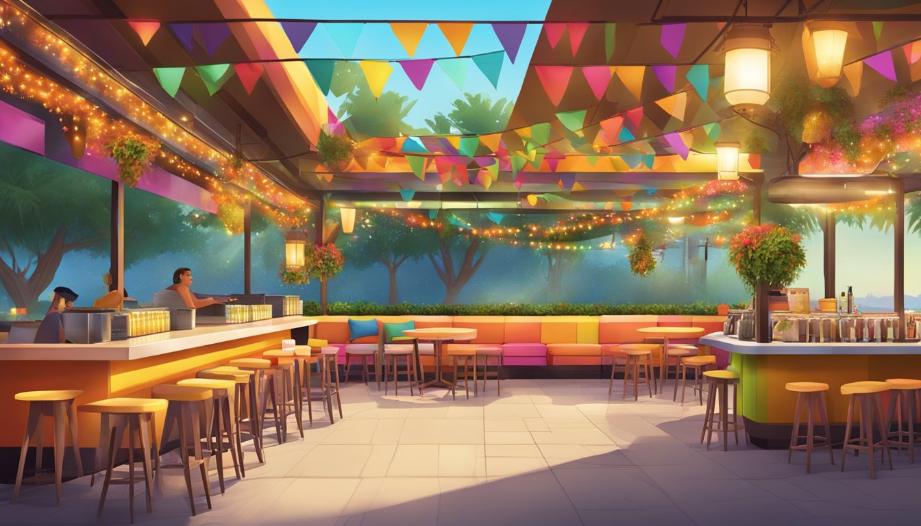 A modern Taco Cabana restaurant with vibrant colors, outdoor seating, festive lighting, and a central bar area