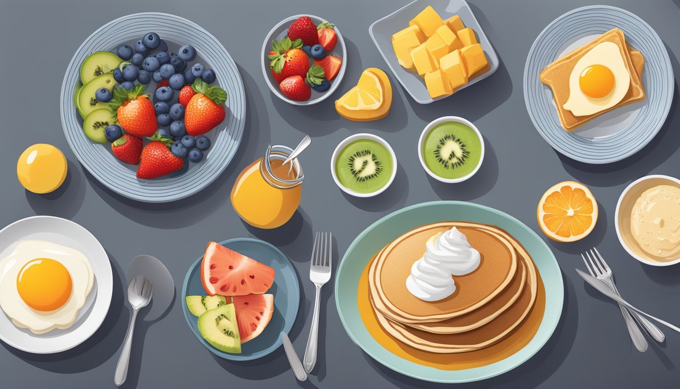 A colorful plate of balanced breakfast options, including fresh fruit, whole grain pancakes, and lean protein, served on a modern, clean table setting