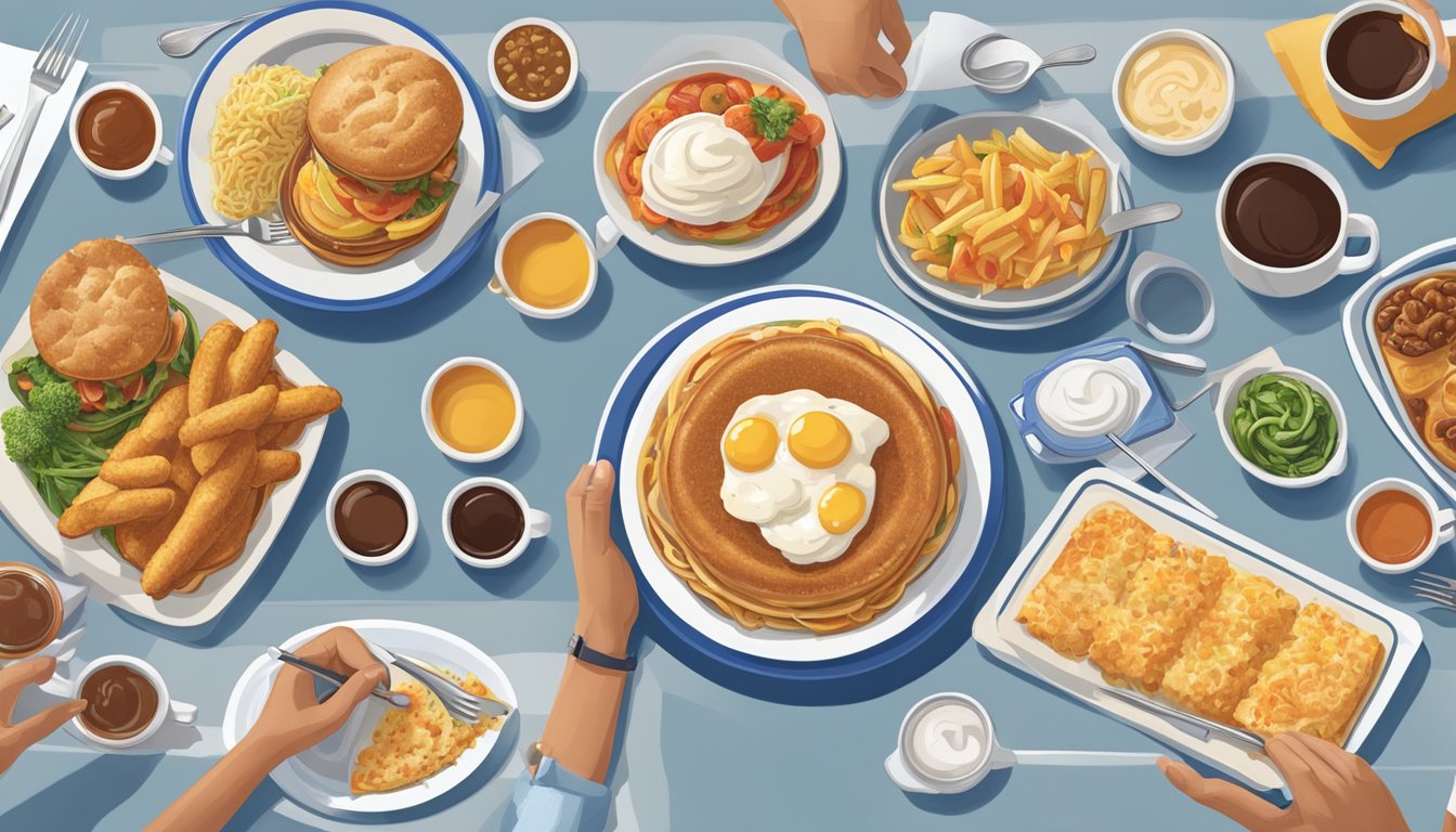 A table filled with various dishes from IHOP, surrounded by food critics taking notes and discussing the nutritional information and ingredients of each meal