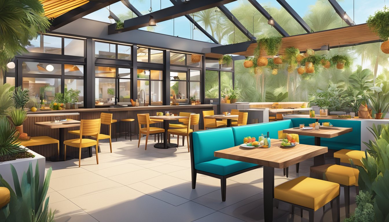 A modern Taco Cabana restaurant with sleek, vibrant interior design, open kitchen, and outdoor seating area