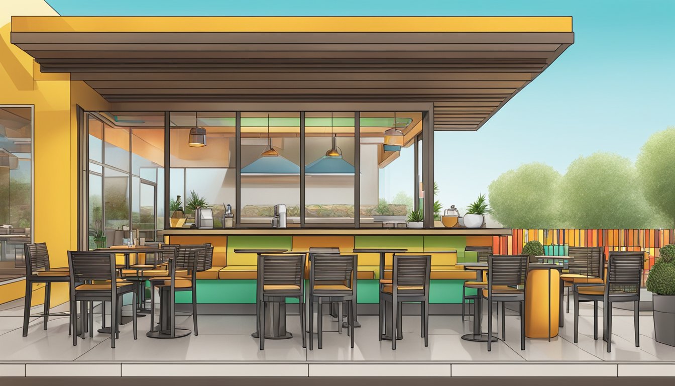 A modern Taco Cabana restaurant with outdoor seating, vibrant colors, and a sleek, streamlined design