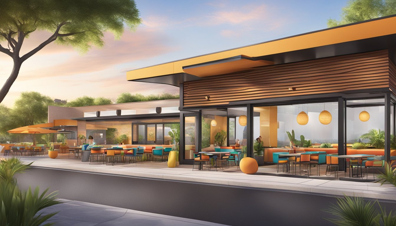 A modern Taco Cabana restaurant with vibrant colors, open-air seating, and sleek design elements, reflecting the emerging trends in hospitality design