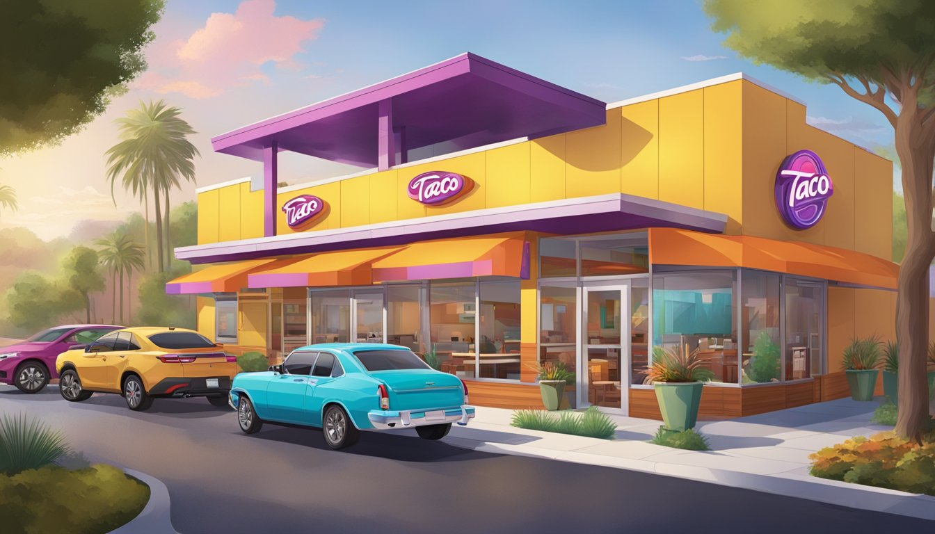 A modern Taco Cabana restaurant with vibrant colors, outdoor seating, and a drive-thru, located in a bustling urban area with diverse cultural influences