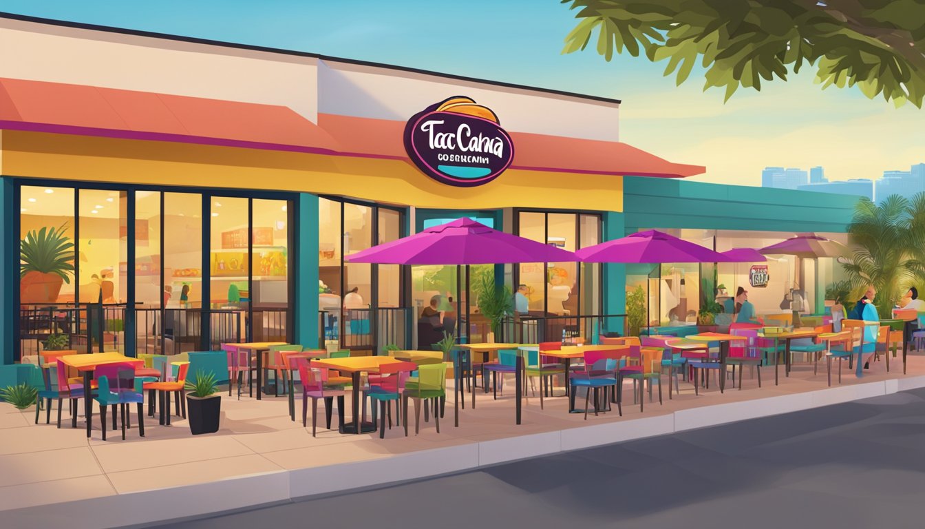 A vibrant and modern Taco Cabana restaurant with open-air seating, colorful decor, and a bustling outdoor patio. A large, eye-catching sign displays the brand's logo