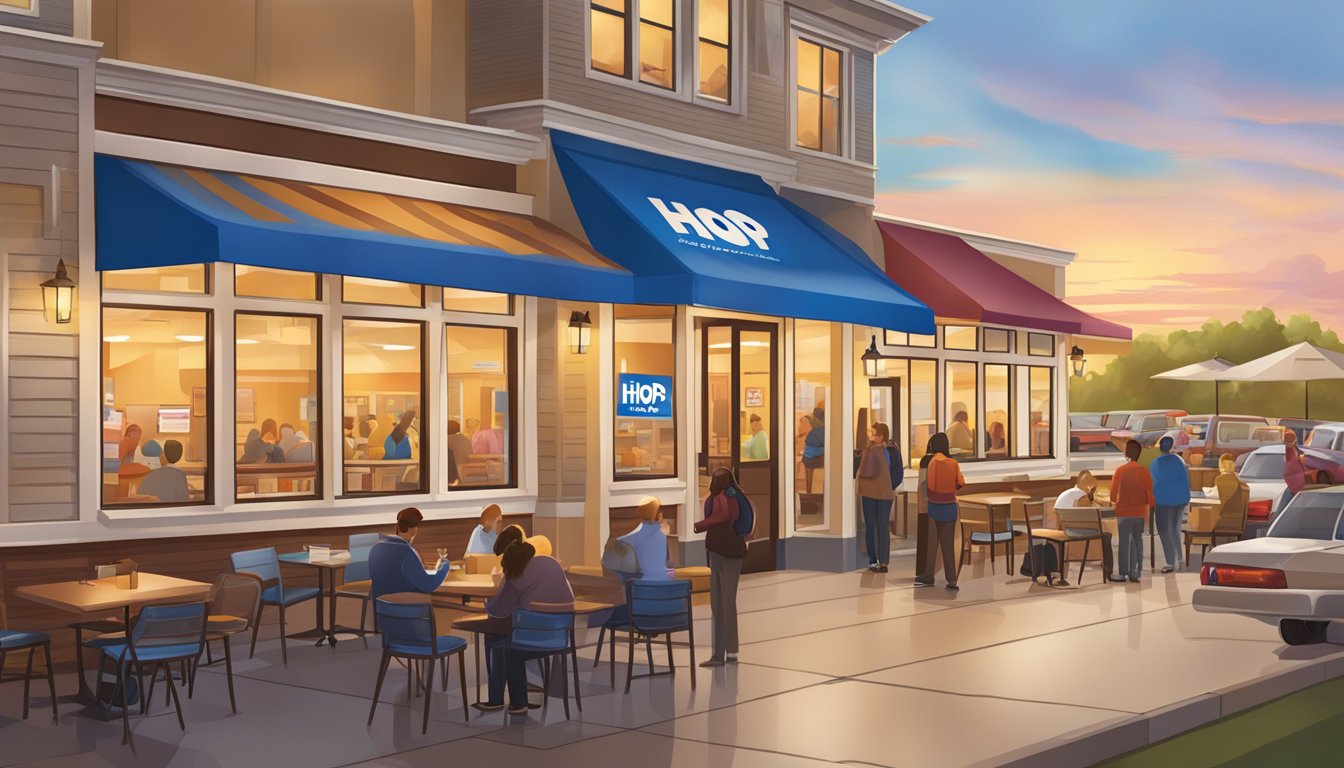 A bustling IHOP restaurant with a line out the door, colorful signage, and a warm, inviting atmosphere