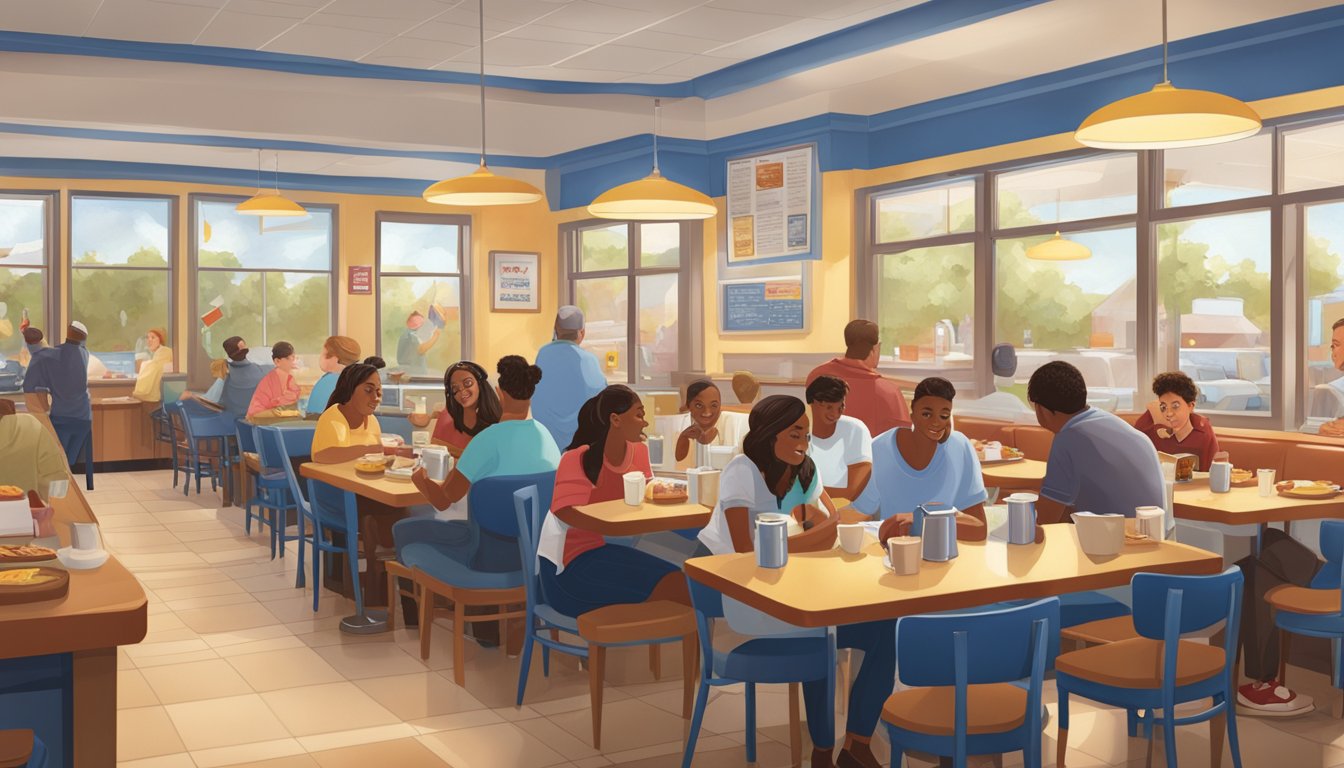 A bustling IHOP restaurant filled with customers enjoying a wide variety of breakfast items, from fluffy pancakes to sizzling bacon and eggs. The staff is attentive and the atmosphere is warm and inviting