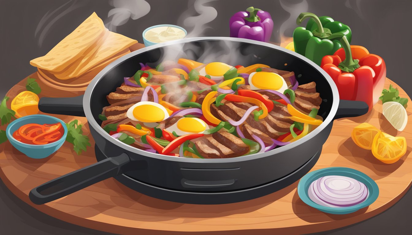 A sizzling skillet of breakfast fajitas surrounded by colorful peppers and onions, with steam rising from the hot, seasoned meat