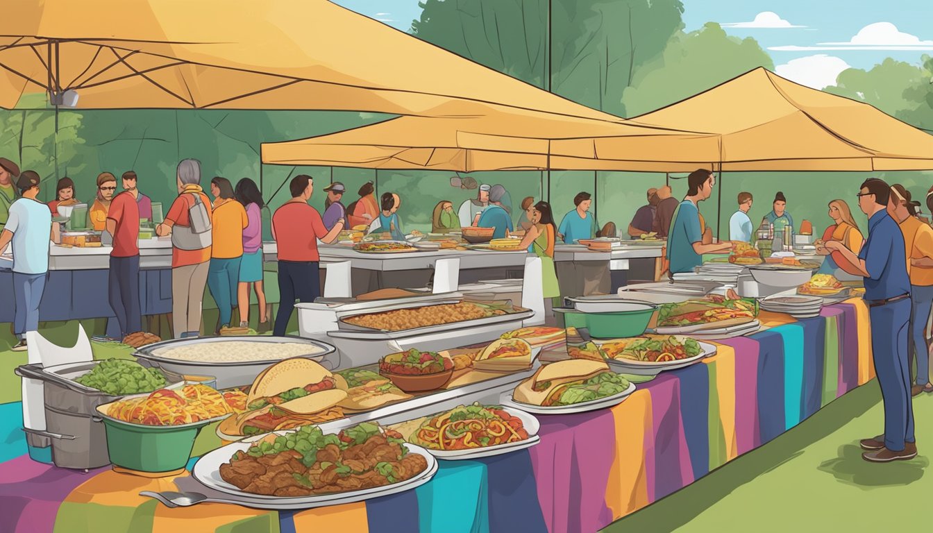 A bustling breakfast catering setup with trays of tacos, burritos, and coffee being served to a large crowd. Tables are adorned with colorful tablecloths and festive decorations