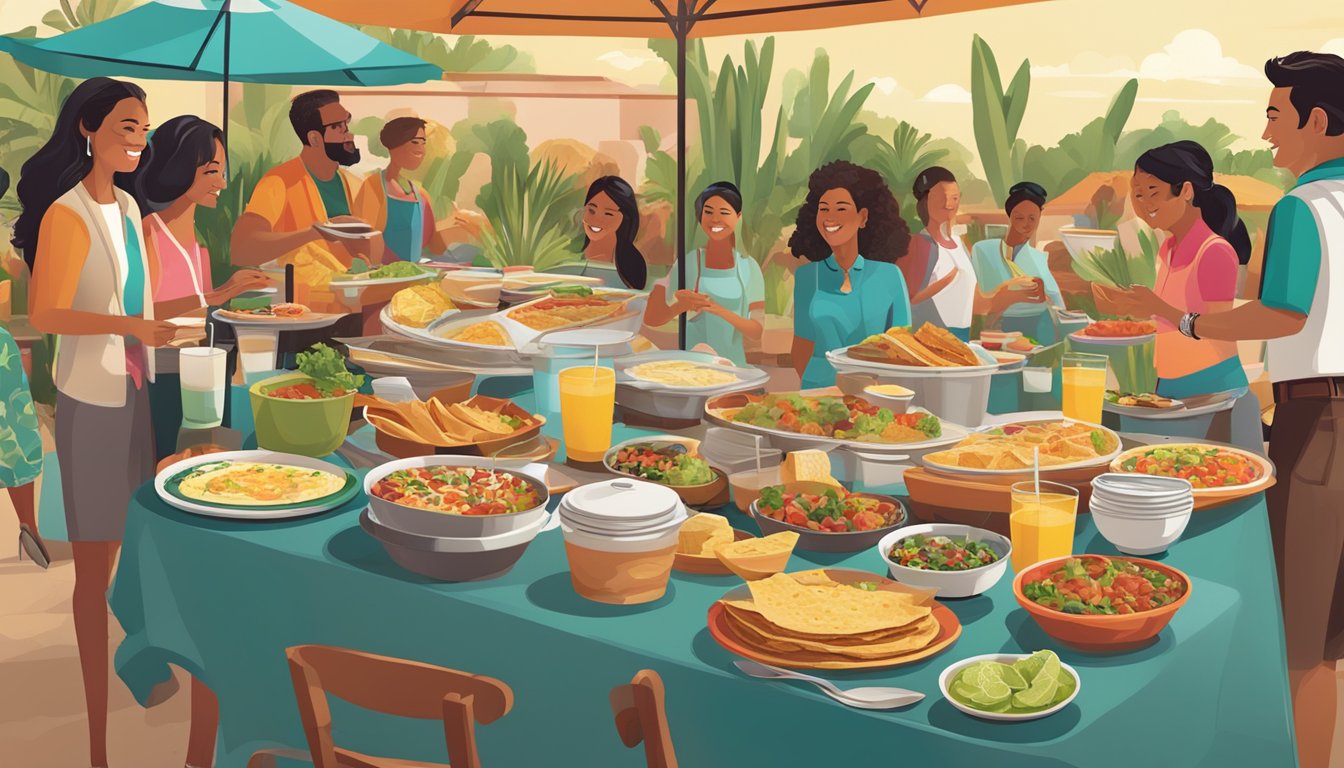 A bustling breakfast catering event at Taco Cabana with a spread of delicious Mexican-inspired dishes, colorful table settings, and a lively atmosphere