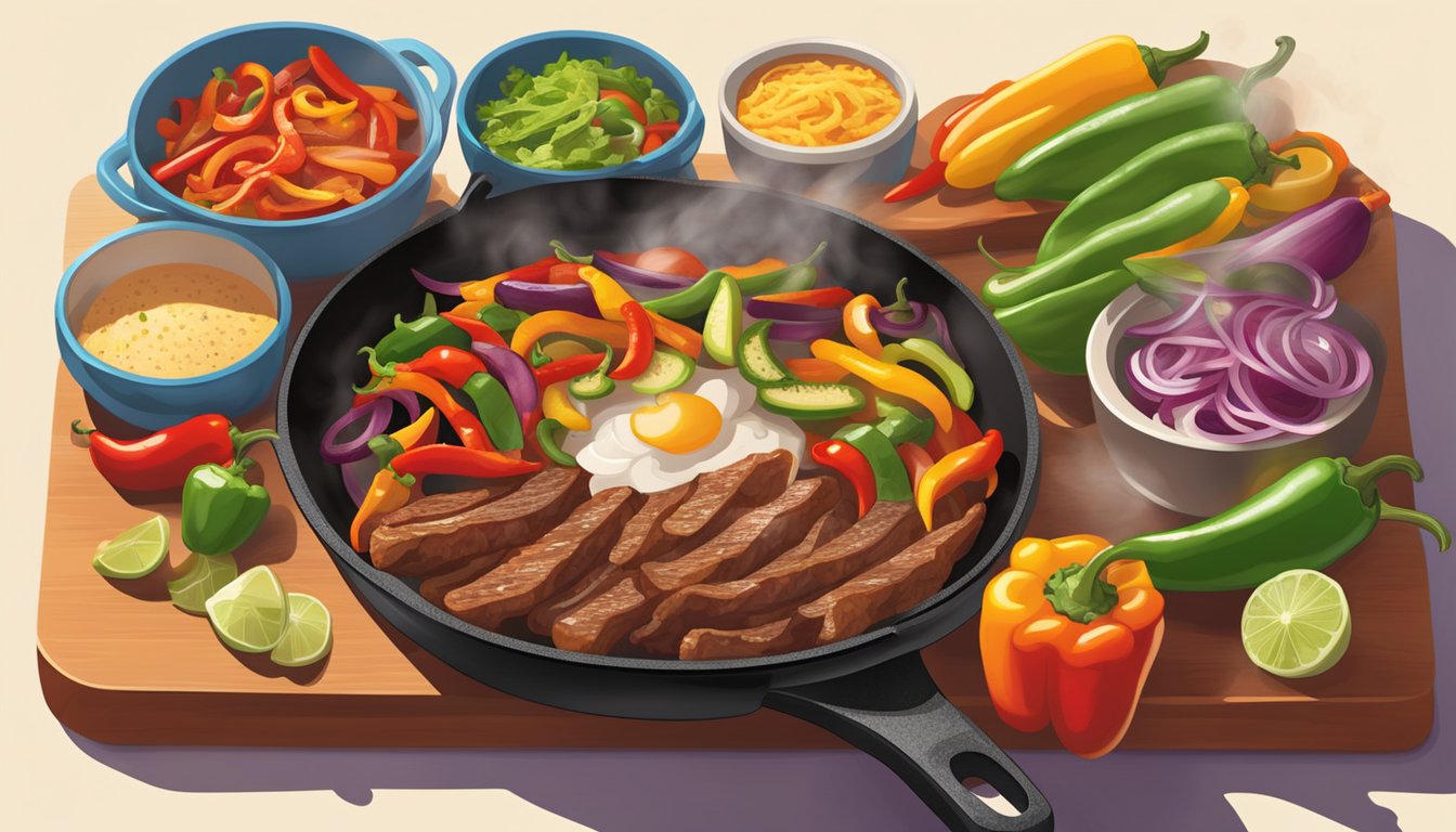 Morning sun shines on sizzling fajitas, steam rising from the skillet. A colorful array of peppers, onions, and seasoned meat fills the scene