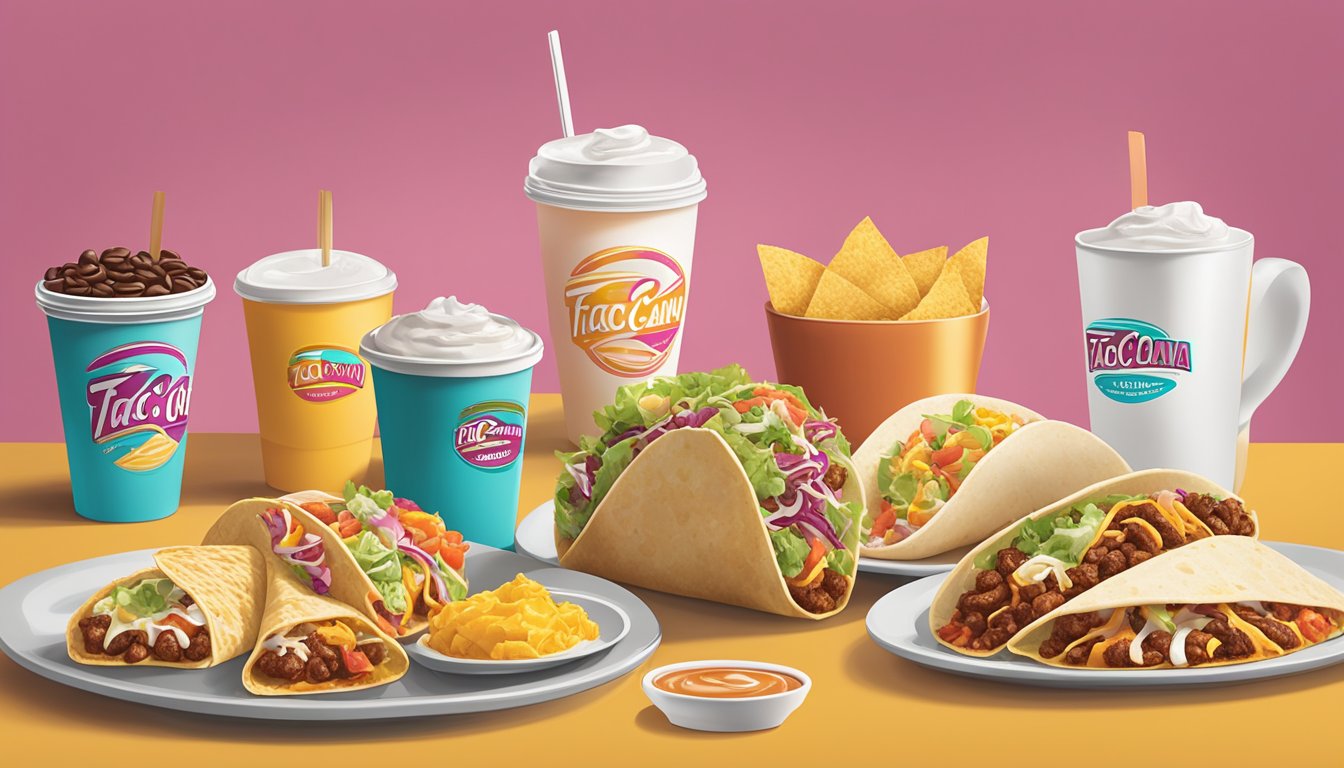 A colorful display of breakfast catering items, including tacos, burritos, and coffee, arranged on a table with the Taco Cabana logo in the background