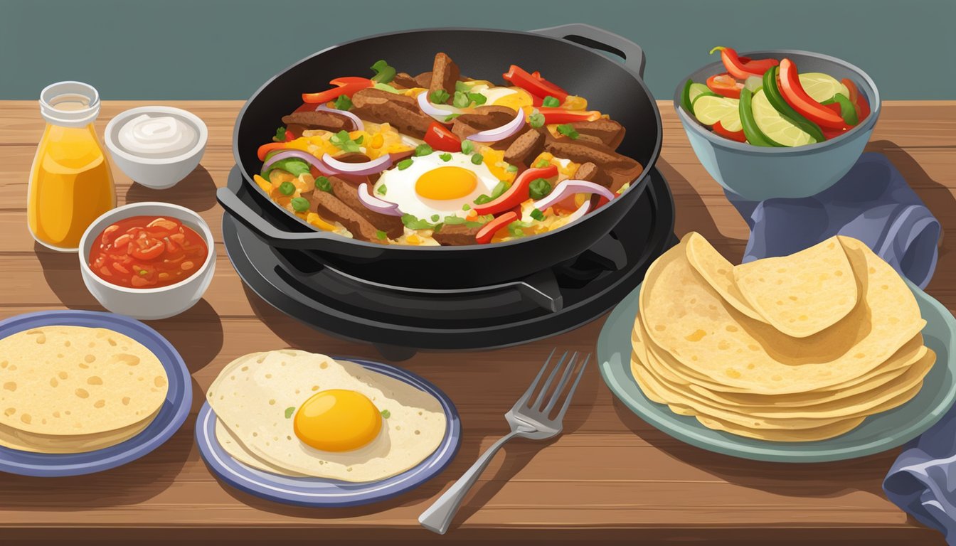 A sizzling skillet of breakfast fajitas with eggs, peppers, and onions, accompanied by warm tortillas and a side of salsa and cheese