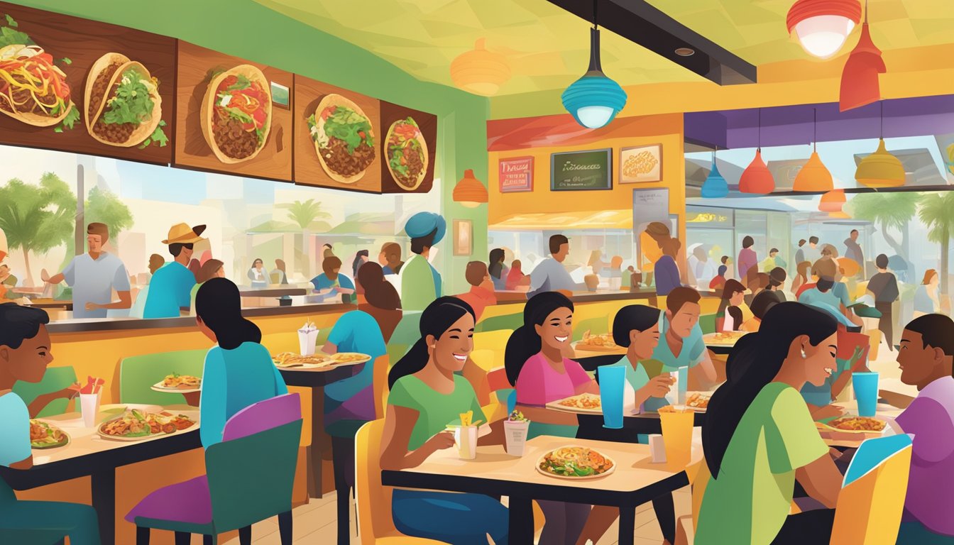 A bustling Taco Cabana restaurant with colorful menu boards and vibrant Tex-Mex dishes being enjoyed by diverse local patrons