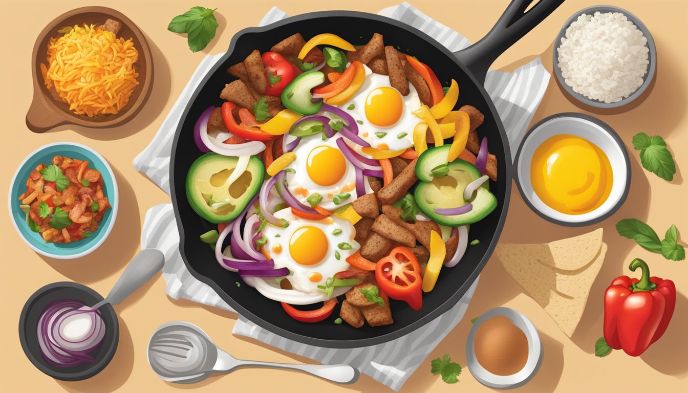 A sizzling skillet of breakfast fajitas with colorful peppers, onions, and sizzling eggs, surrounded by a variety of allergen and nutritional information symbols