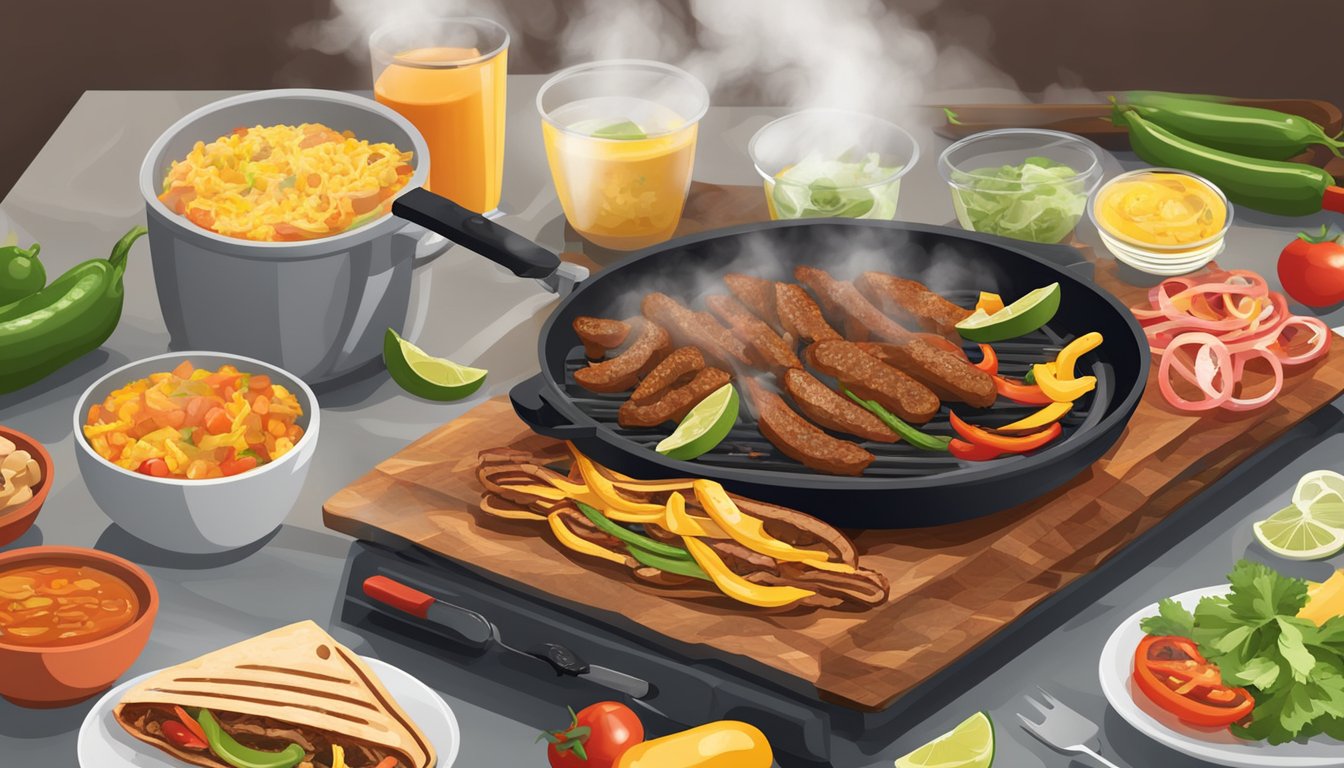 Sizzling fajitas on a hot griddle with steam rising, surrounded by breakfast ingredients and cooking utensils