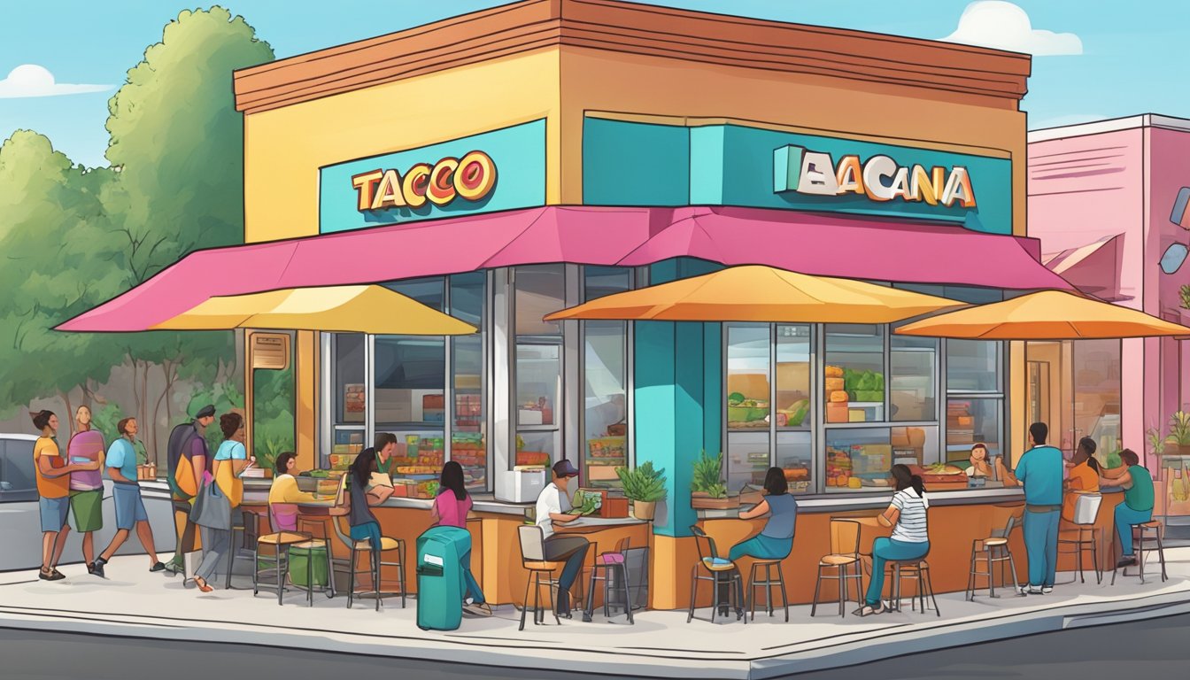 A bustling morning street scene with a colorful Taco Cabana storefront, customers enjoying breakfast tacos, and staff preparing fresh ingredients