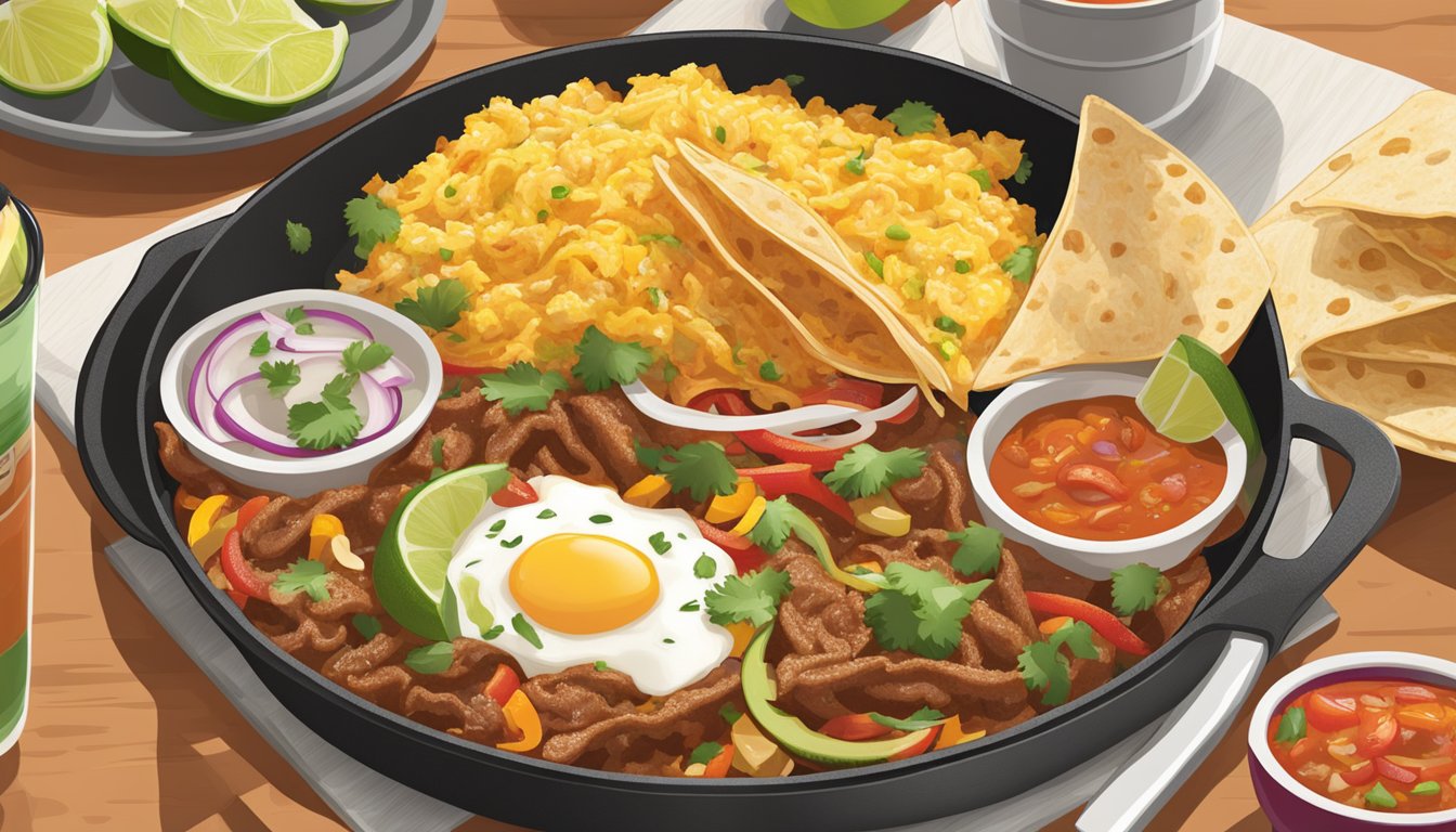 A sizzling skillet of breakfast fajitas at Taco Cabana, with eggs, peppers, and onions, surrounded by warm tortillas and a side of salsa