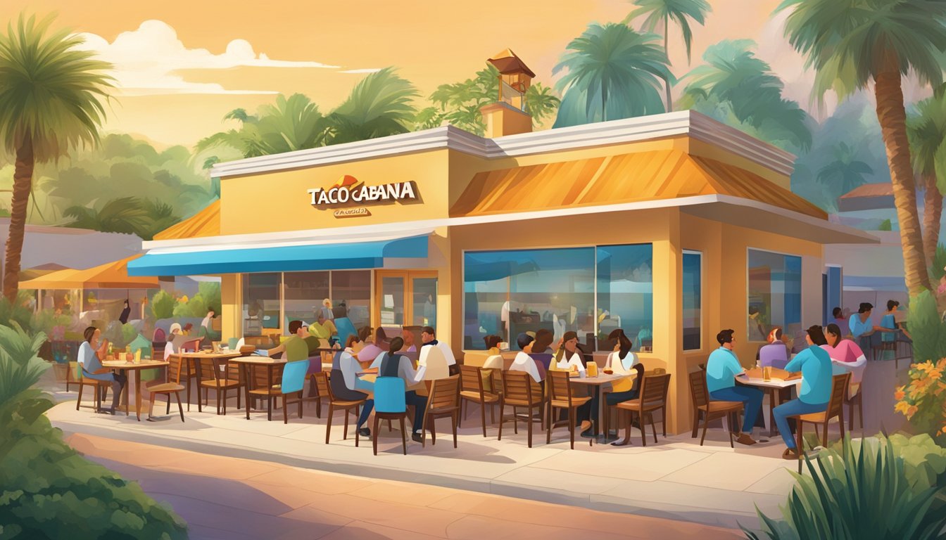 A bustling Taco Cabana restaurant with customers enjoying meals and friendly staff providing exceptional service. Outdoor seating and vibrant signage contribute to the lively atmosphere