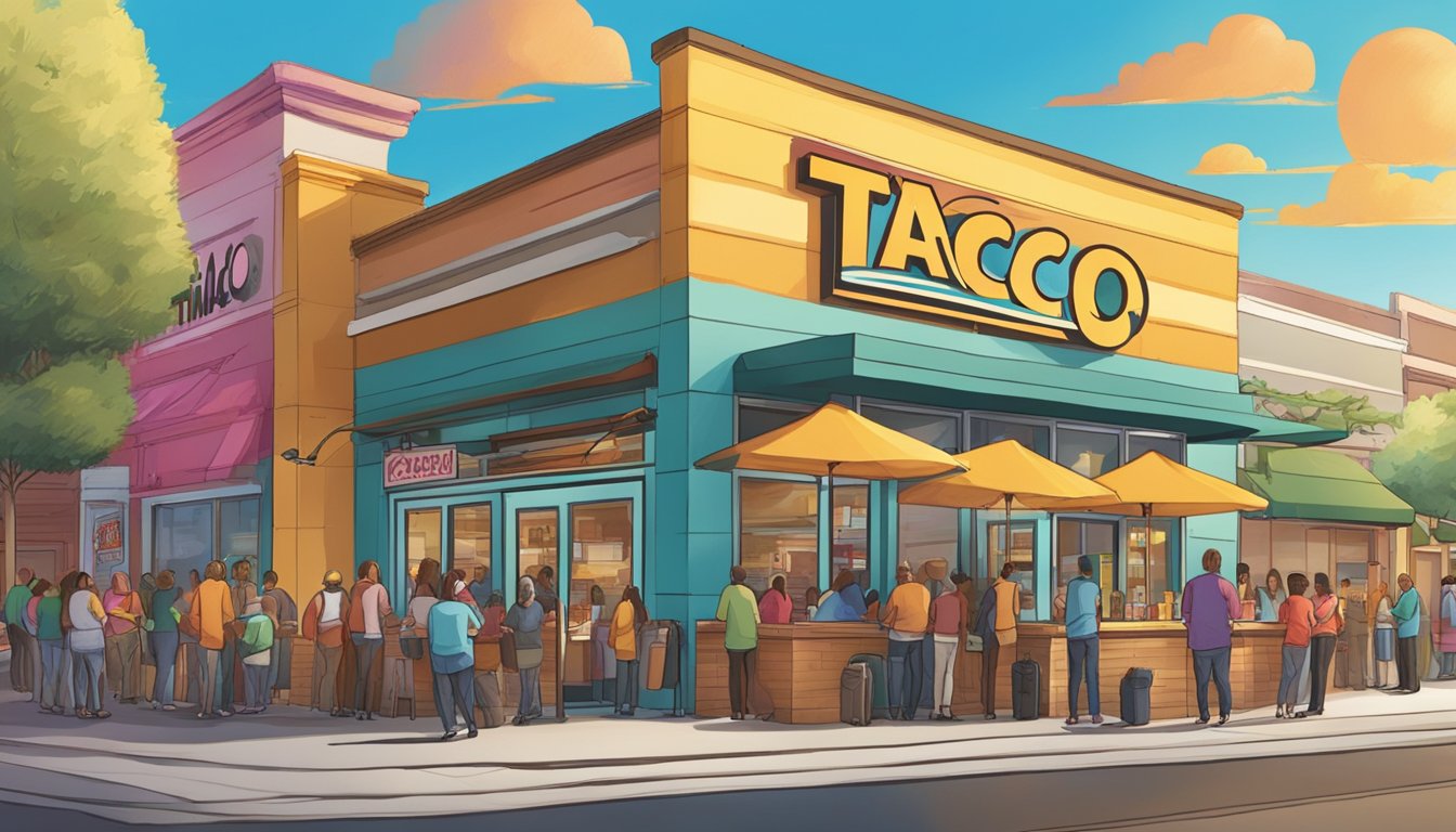 The sun rises over a bustling city street, where a colorful Taco Cabana sign announces the launch of their first breakfast menu. Customers eagerly line up outside the restaurant, drawn in by the enticing aroma of sizzling breakfast tacos and freshly brewed coffee