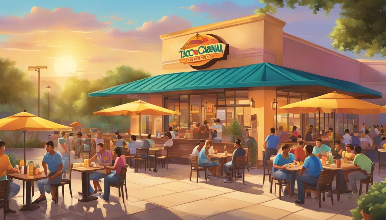 A colorful outdoor scene with a bustling morning crowd enjoying a variety of Tex-Mex breakfast items at Taco Cabana. Sunrise illuminates the restaurant's vibrant signage and patio seating